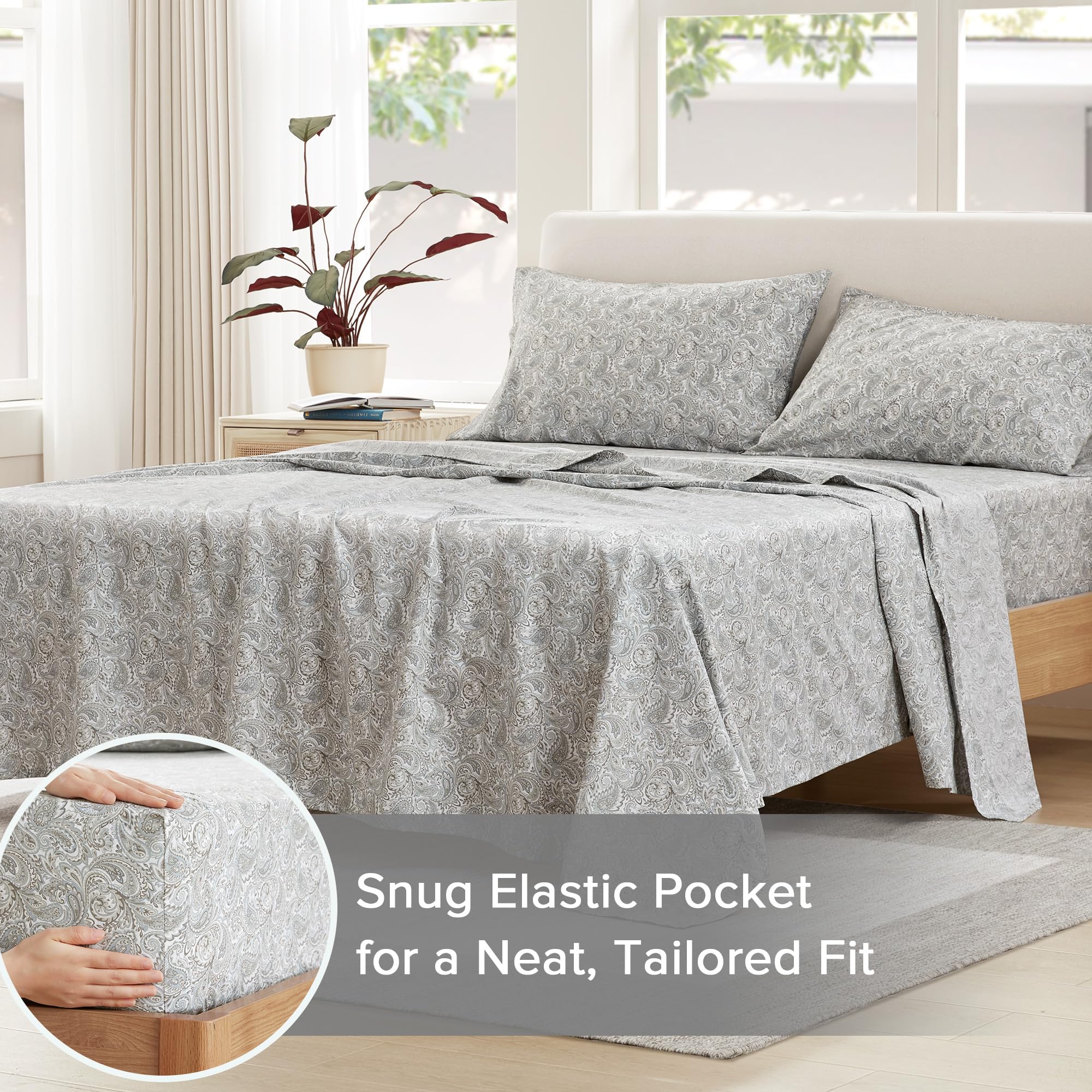 Comfort Spaces king fitted sheet with a 16-inch pocket ensures a snug fit.
