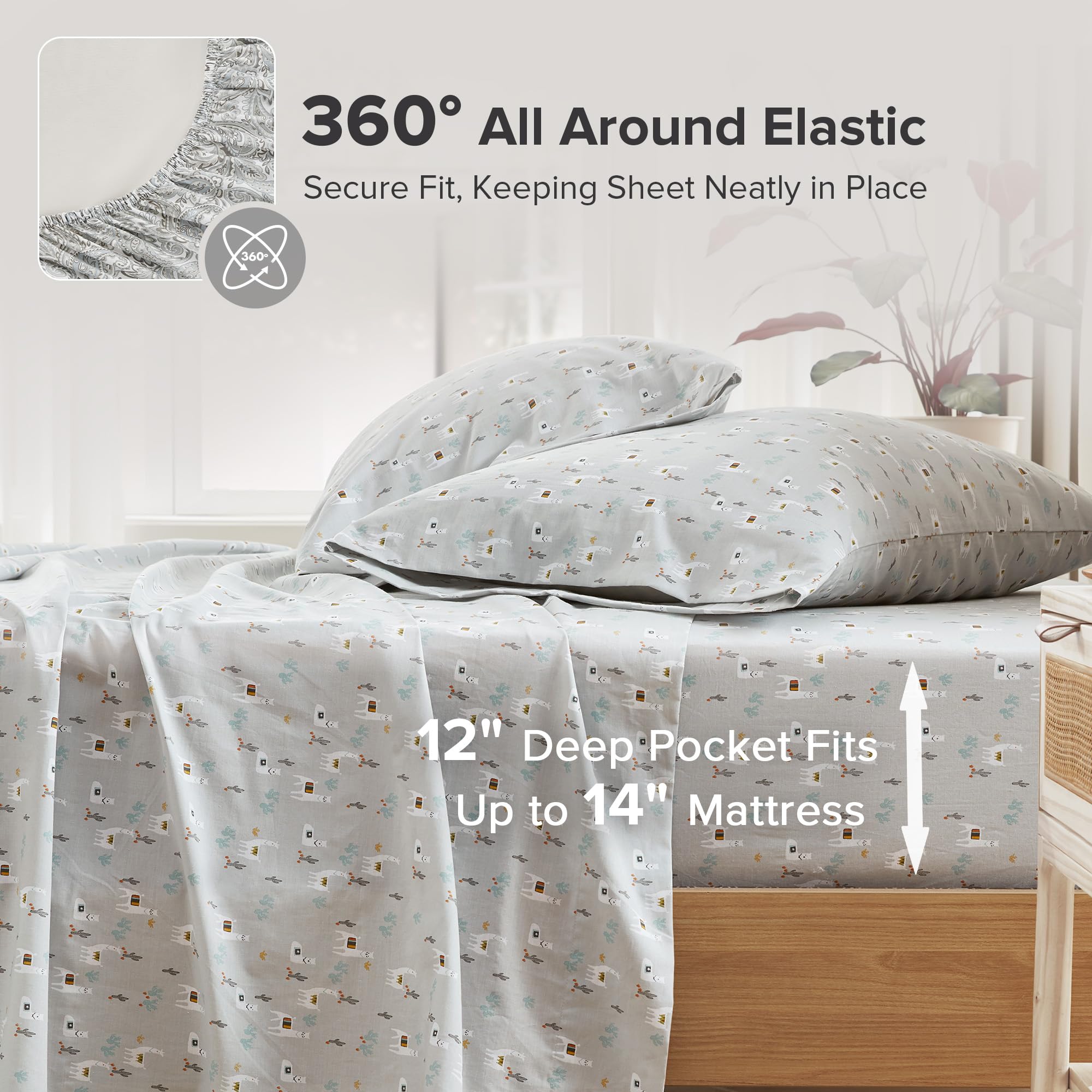 Comfort Spaces llama-print flat sheet showing soft touch and easy care