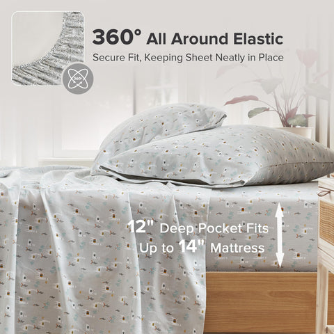 Comfort Spaces llama-print flat sheet showing soft touch and easy care