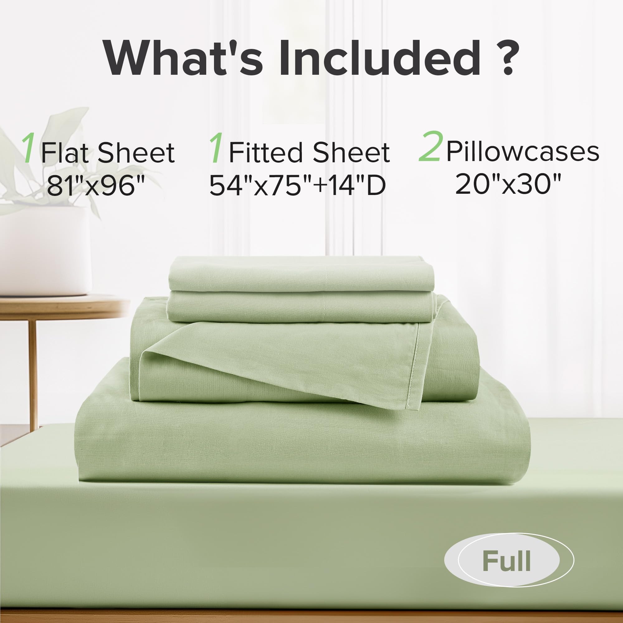 Comfort Spaces sage-green in-bed layout demonstrates generous full sheet set for a neat look.