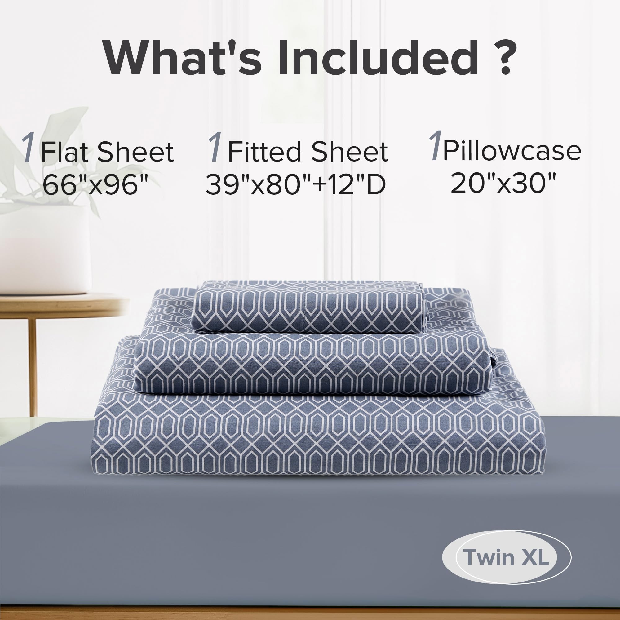 Twin XL bed dressed with Comfort Spaces Diamond Blue sheet set and secure pocket fit