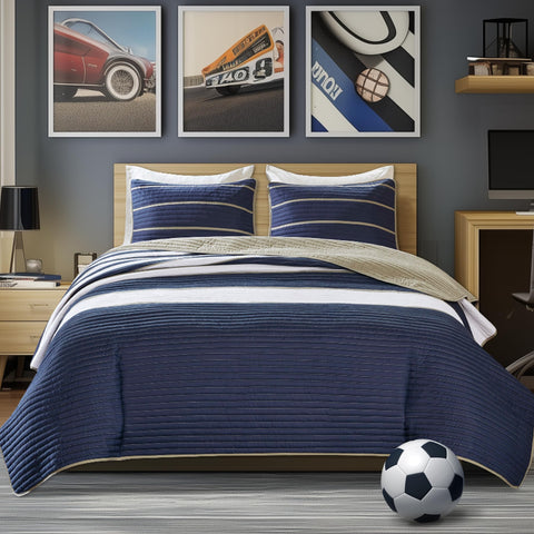 Comfort Spaces Verone coverlet in navy and white stripes for versatile year-round style.