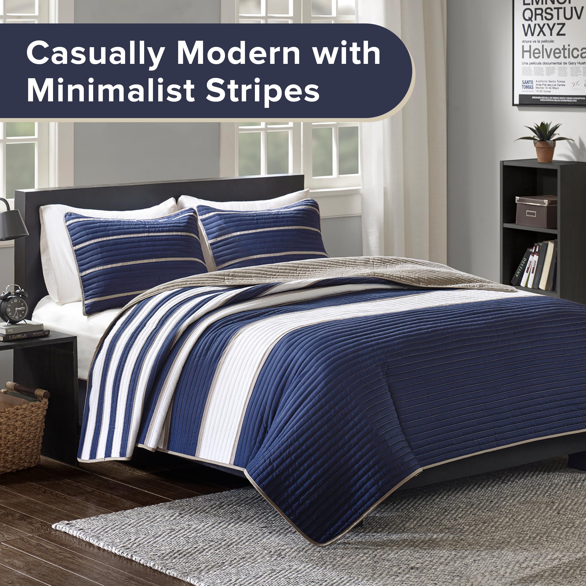 Verone sham set featuring khaki stripes on a navy ground adds cohesive bedroom accents.