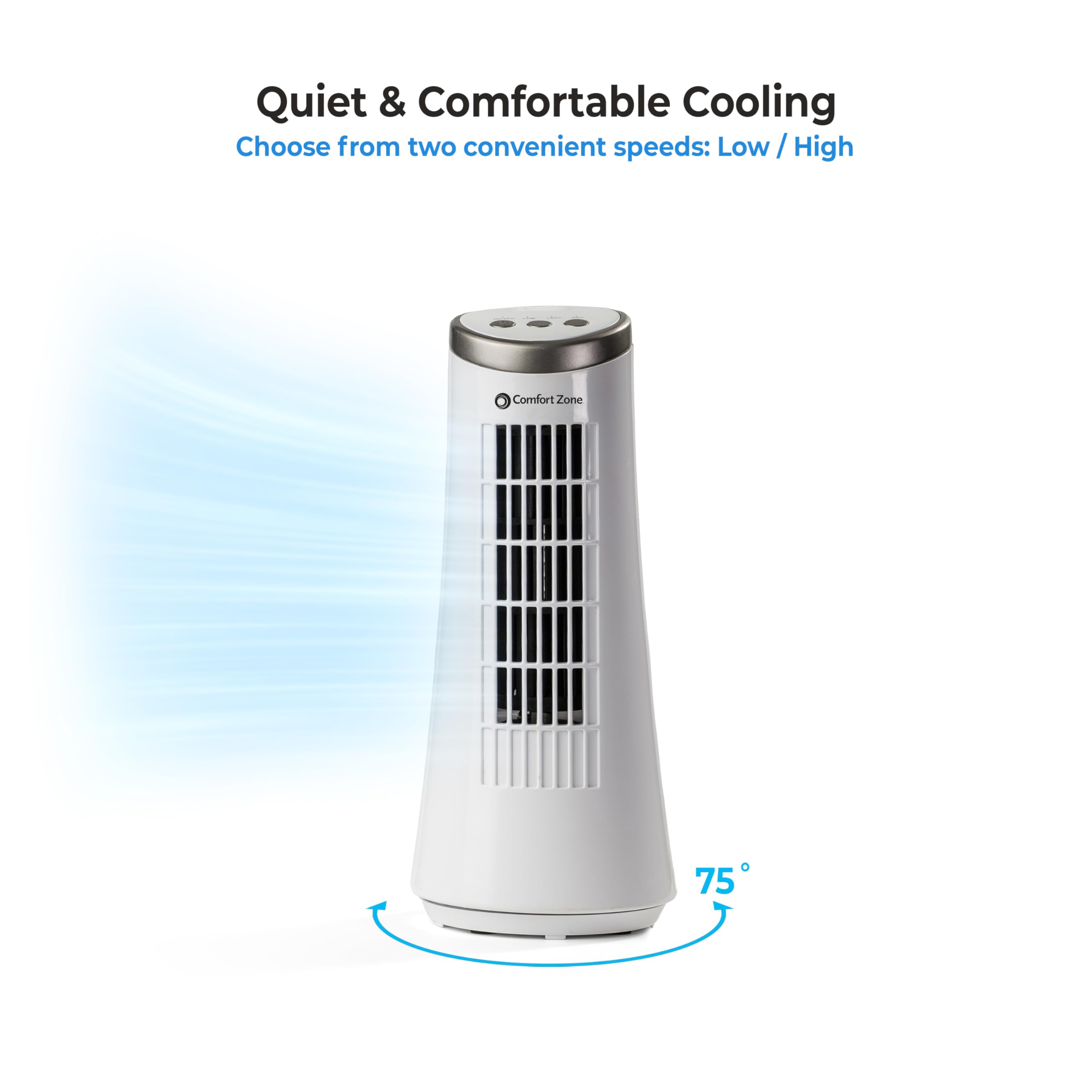 Comfort Zone fan with built-in carry handle for easy room-to-room transport.