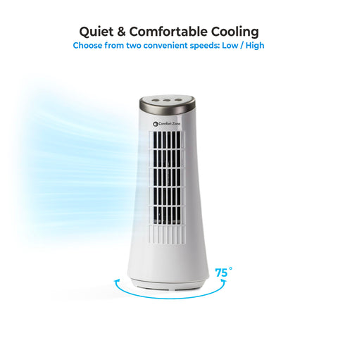 Comfort Zone fan with built-in carry handle for easy room-to-room transport.