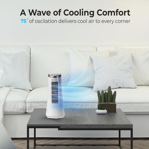 Comfort Zone 12-Inch Fan 75-degree oscillation for even desk cooling.