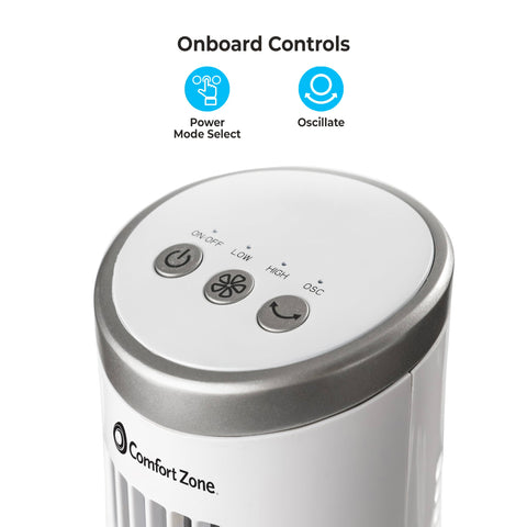Comfort Zone 12-Inch Desk Fan side view highlighting slim profile for desk space saving.