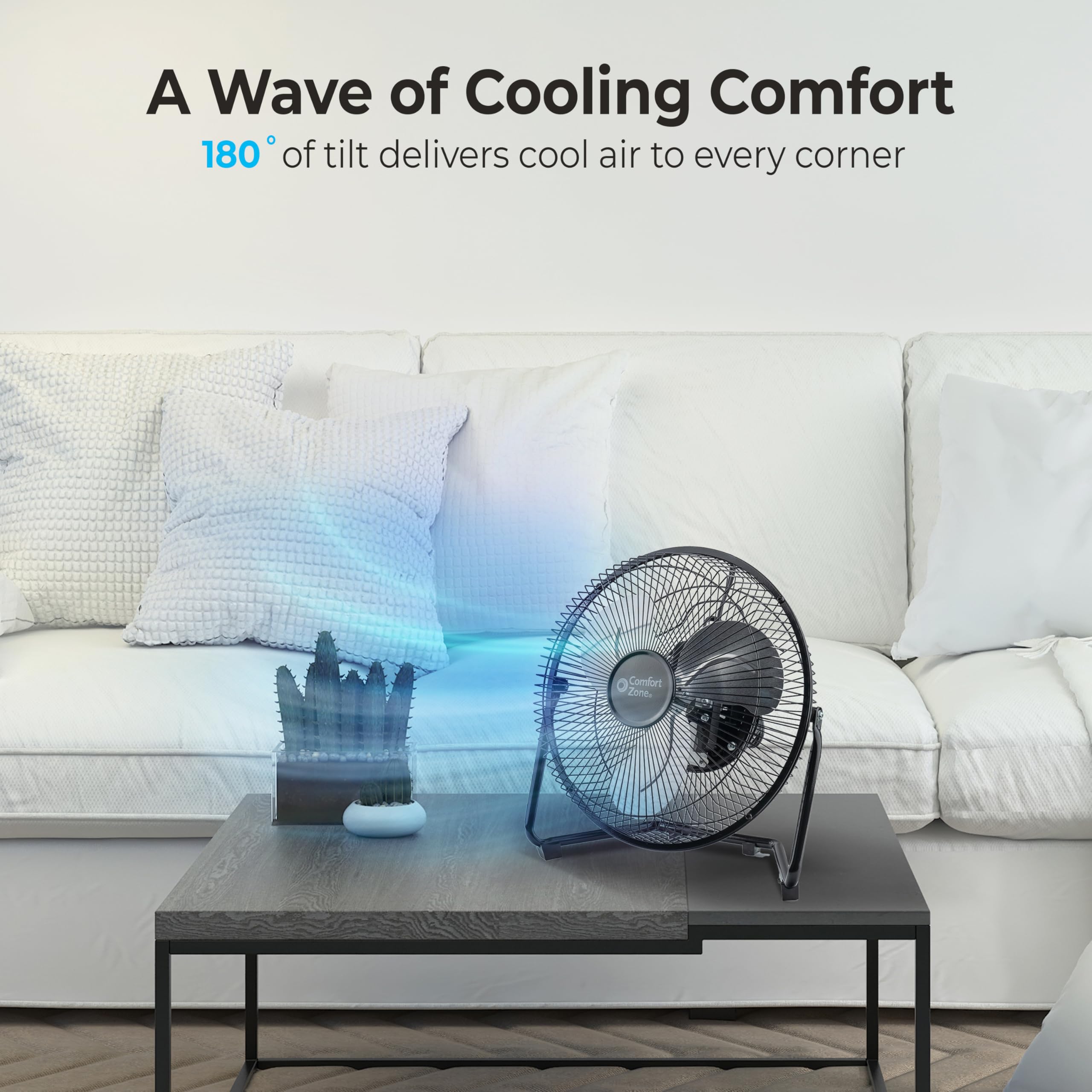 Comfort Zone 12-Inch low-profile fan metal construction built for daily workspaces
