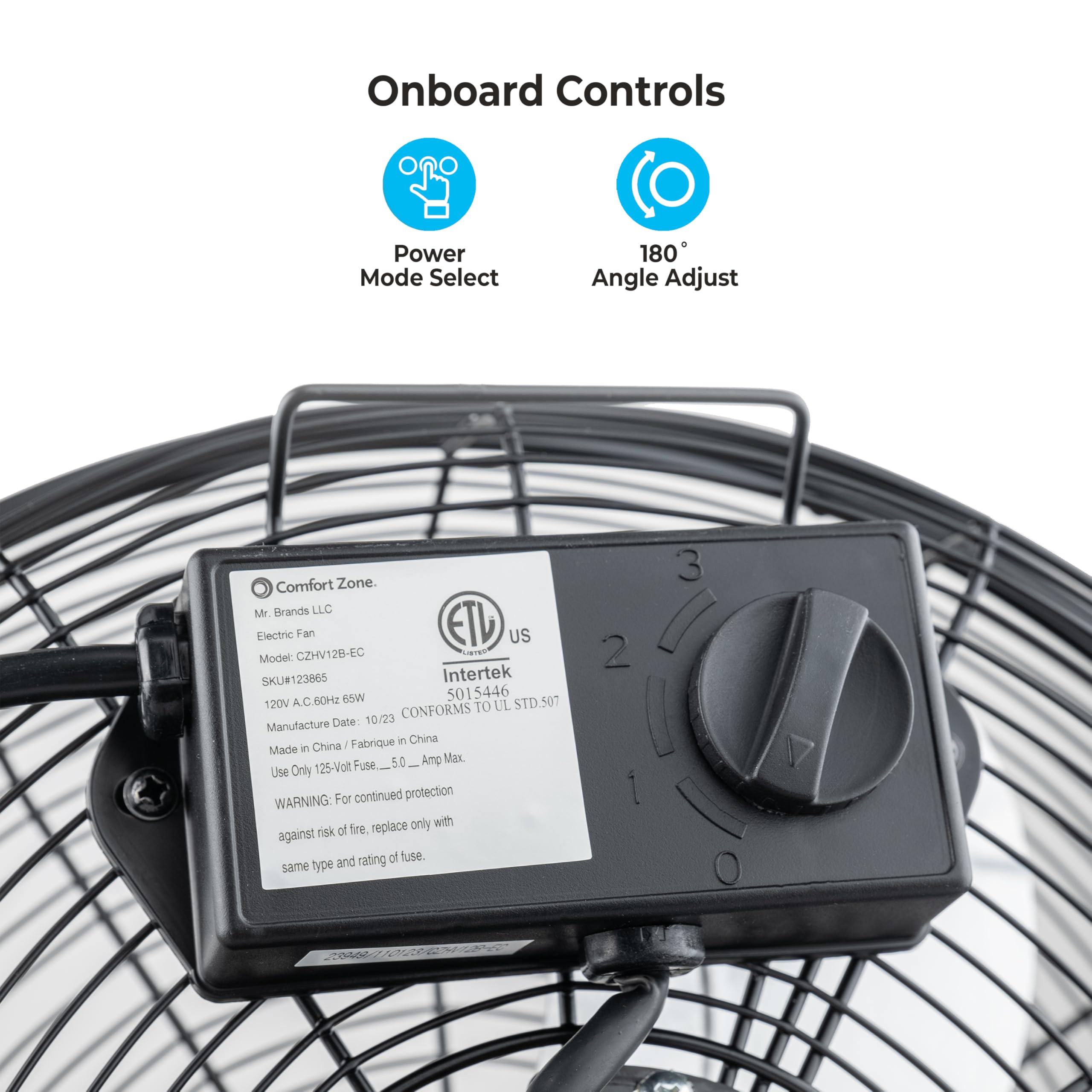 Comfort Zone 12-Inch low-profile fan side view showing compact setup for desks