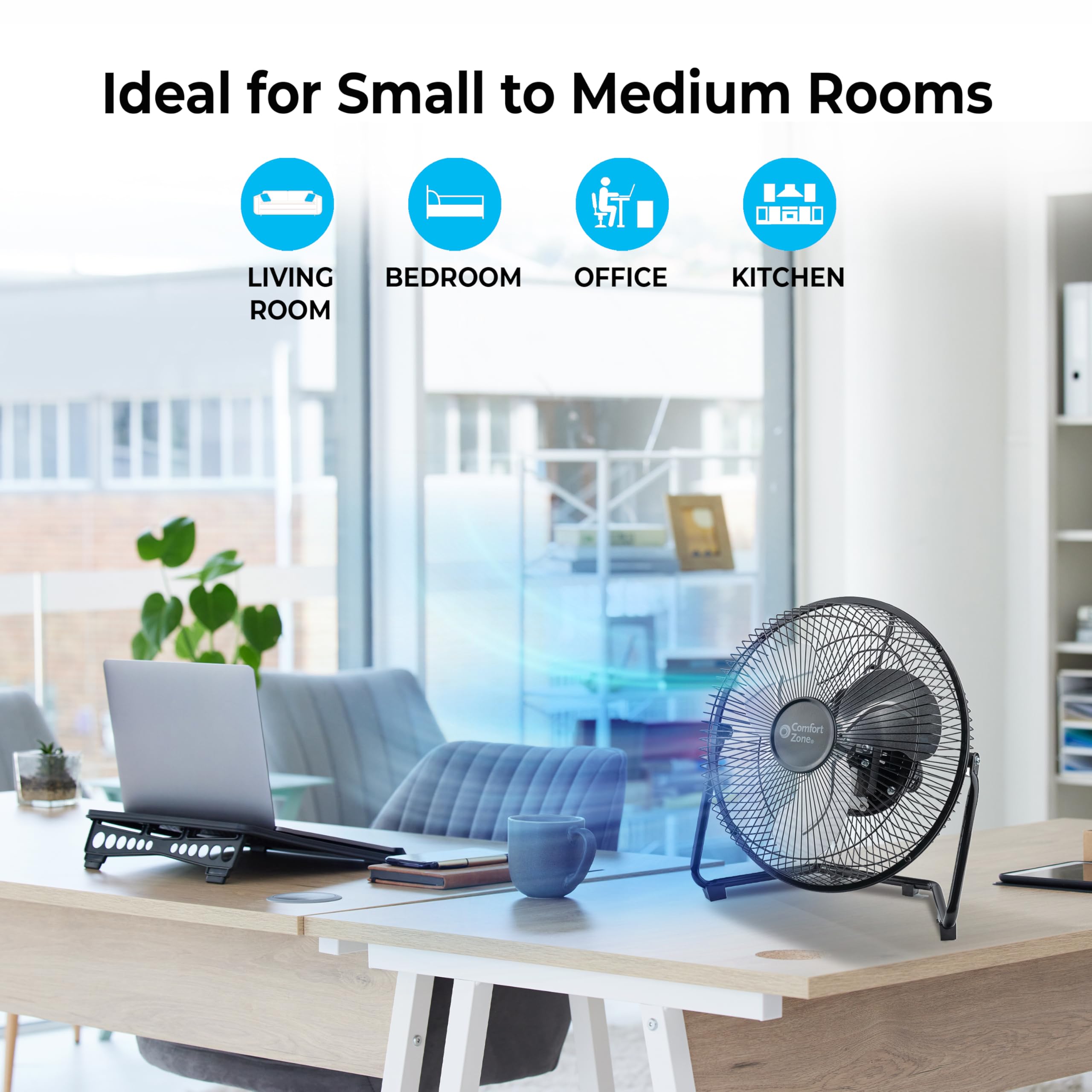 Comfort Zone 12-Inch low-profile fan tilt-action demonstrating 180-degree airflow targeting