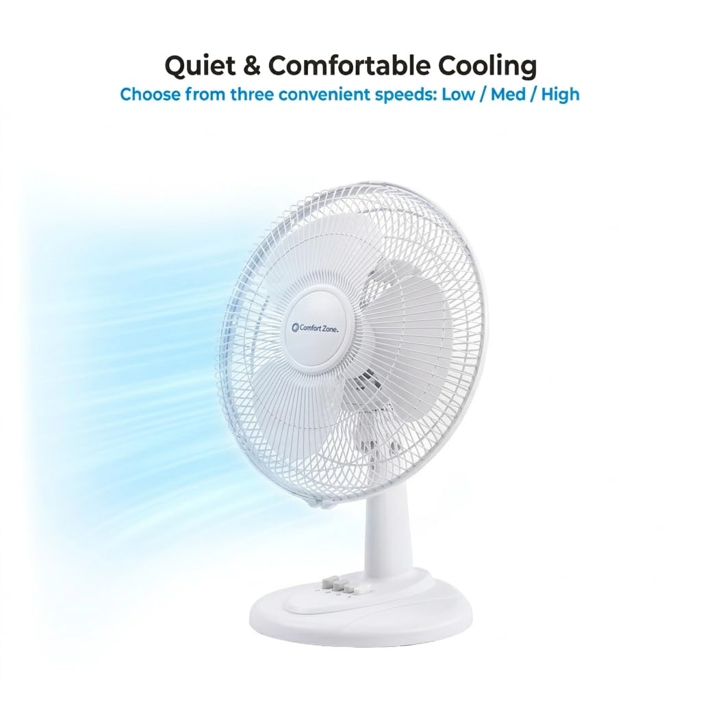 Comfort Zone 12in table fan durable grill for safety