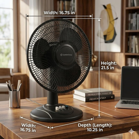 Comfort Zone 16-inch fan tilt adjustment targets desk or seating area