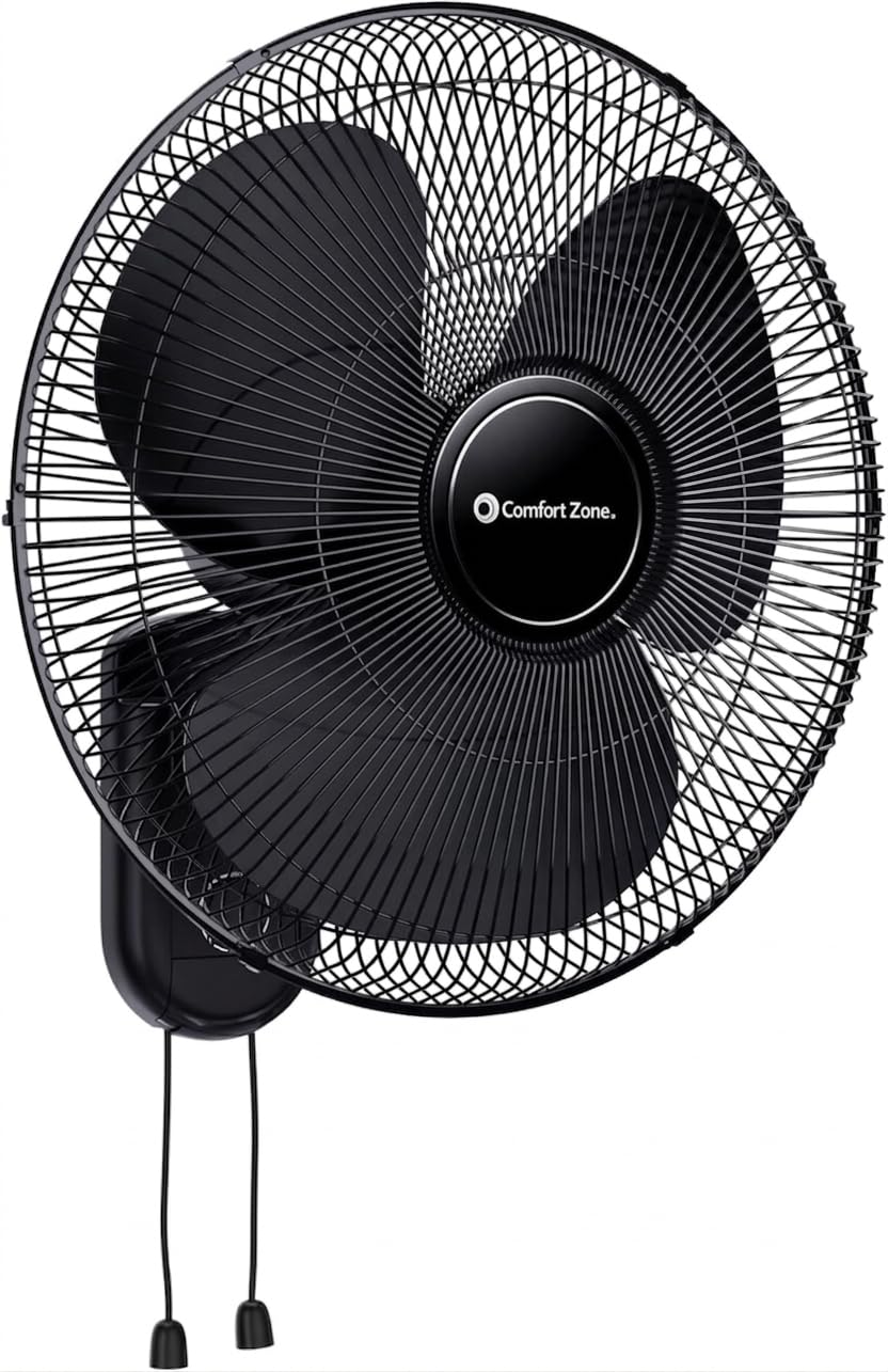 Comfort Zone 16-inch wall-mount fan providing space-saving cooling for home or office