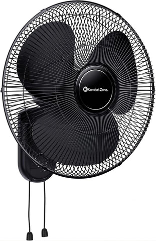 Comfort Zone 16-inch wall-mount fan providing space-saving cooling for home or office