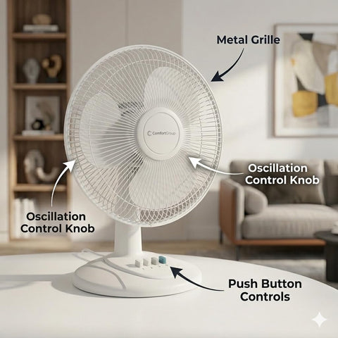Comfort Zone 16-Inch Table Fan operates quietly for work or sleep.