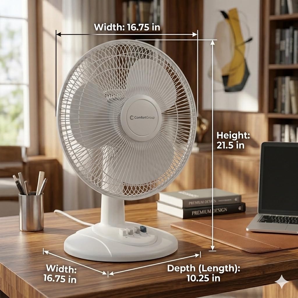 Comfort Zone 16-Inch Table Fan three-speed controls let you tailor breeze.