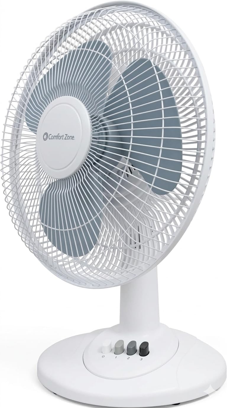 Comfort Zone 16-Inch Table Fan tilt adjustment directs airflow for targeted cooling.