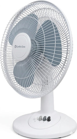 Comfort Zone 16-Inch Table Fan tilt adjustment directs airflow for targeted cooling.