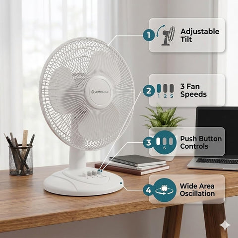 Comfort Zone 16-Inch Table Fan wide oscillation evenly circulates air across the room.