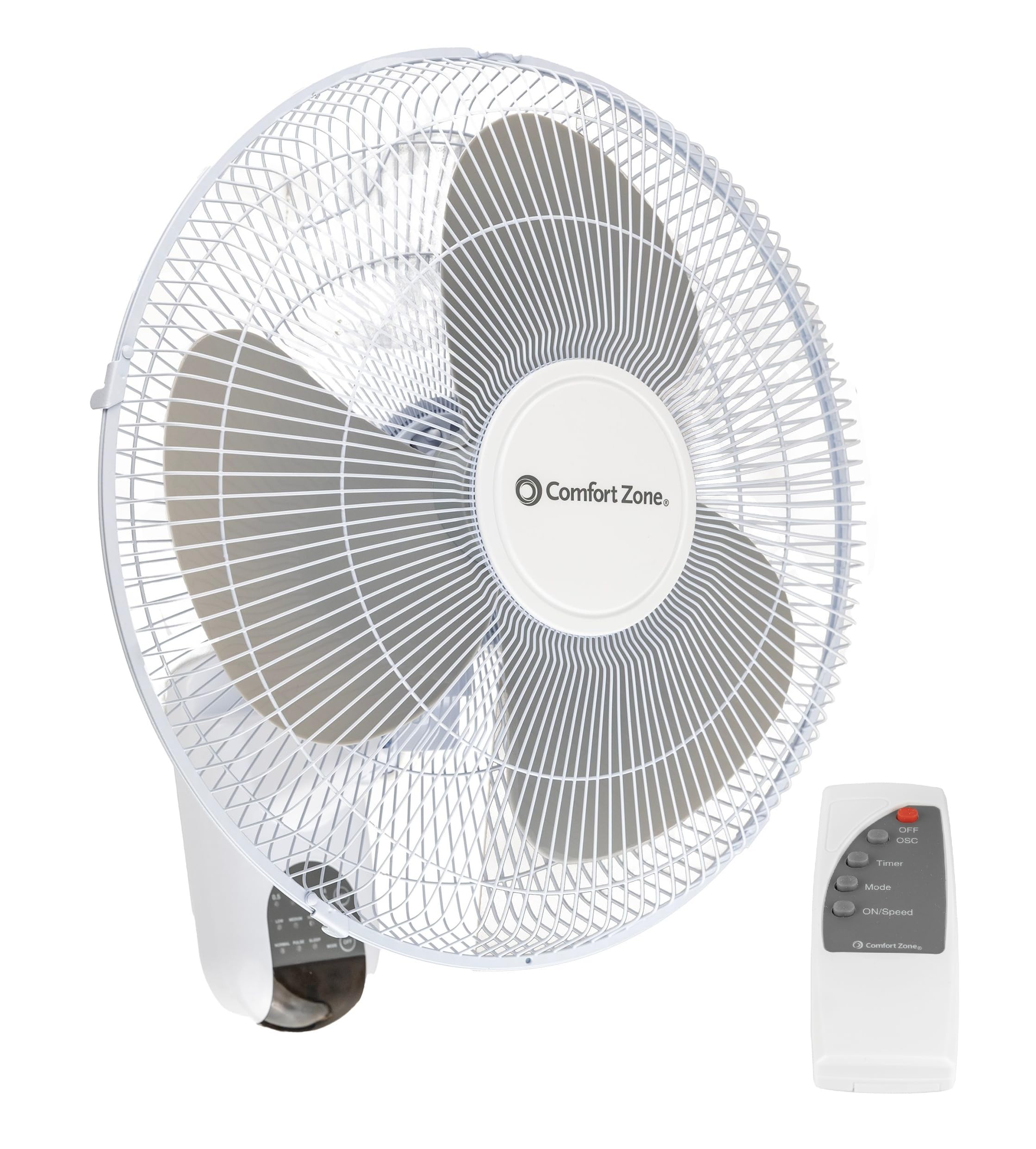 Comfort Zone 16-Inch wall fan mounted with bracket for space-saving cooling.