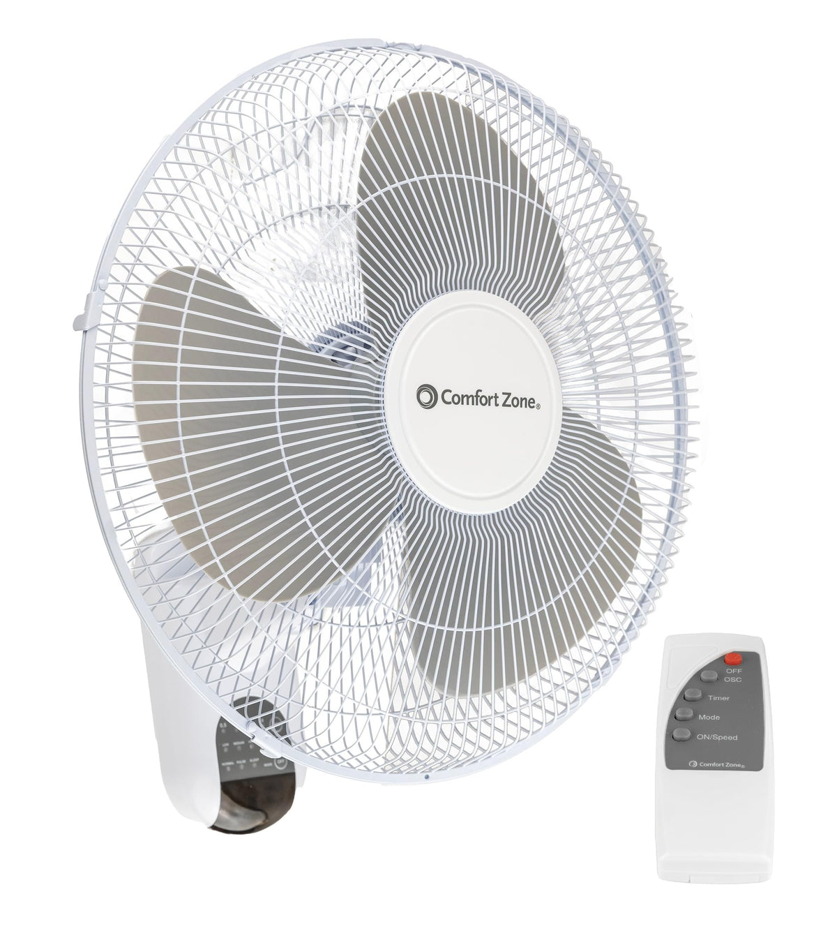 Comfort Zone 16-Inch wall fan mounted with bracket for space-saving cooling.