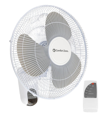 Comfort Zone 16-Inch wall fan mounted with bracket for space-saving cooling.
