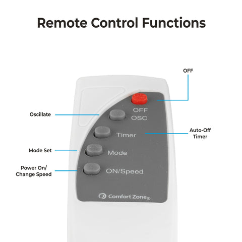 Comfort Zone 16-Inch fan showing 90-degree oscillation and tilt for targeted airflow.