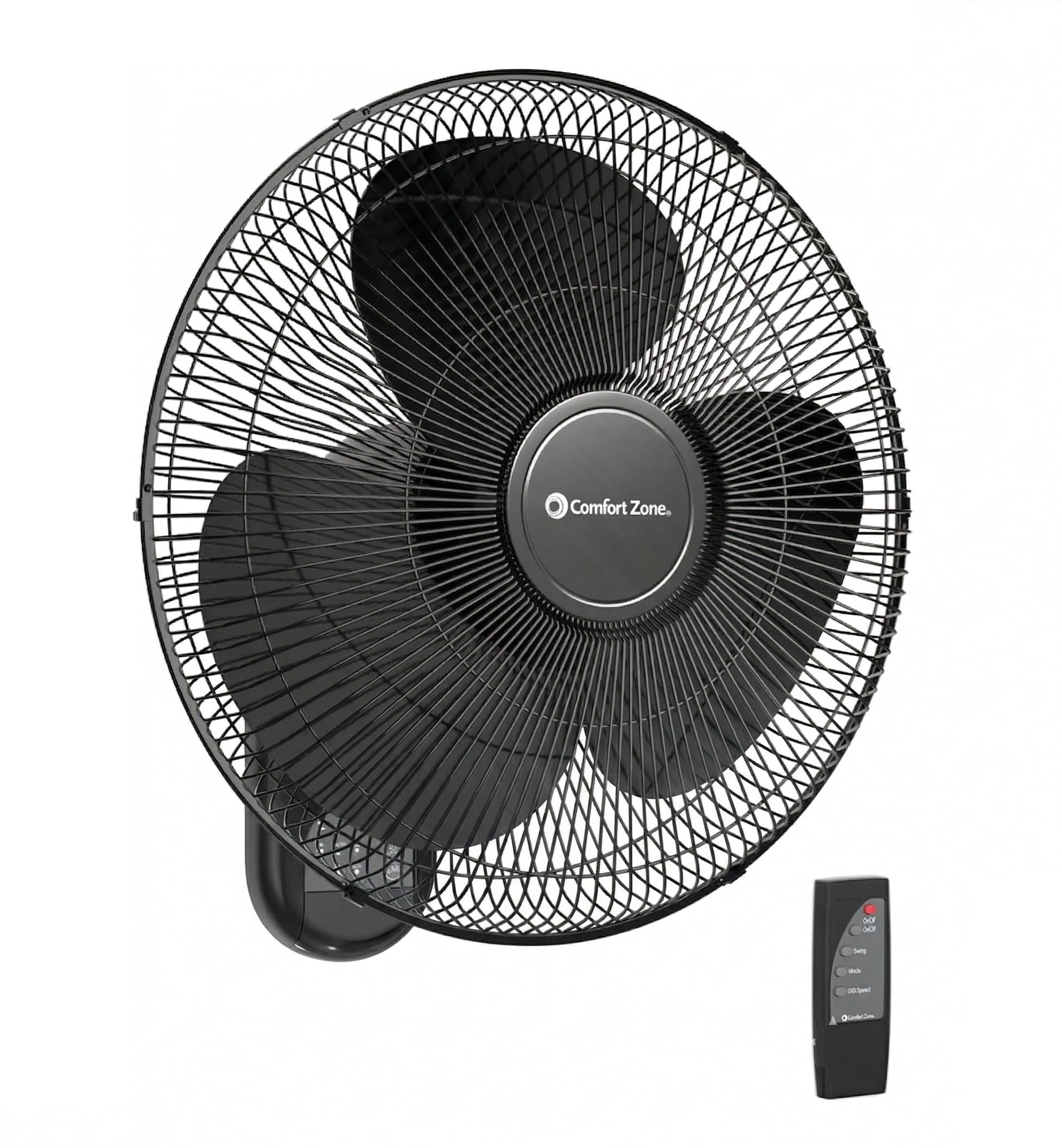 Comfort Zone 16-inch wall-mount fan with remote control for quiet, space-saving cooling in bedrooms and offices.