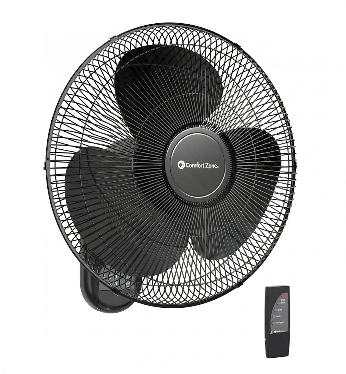 Comfort Zone 16-inch wall-mount fan with remote control for quiet, space-saving cooling in bedrooms and offices.