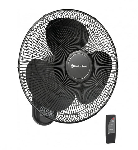 Comfort Zone 16-inch wall-mount fan with remote control for quiet, space-saving cooling in bedrooms and offices.