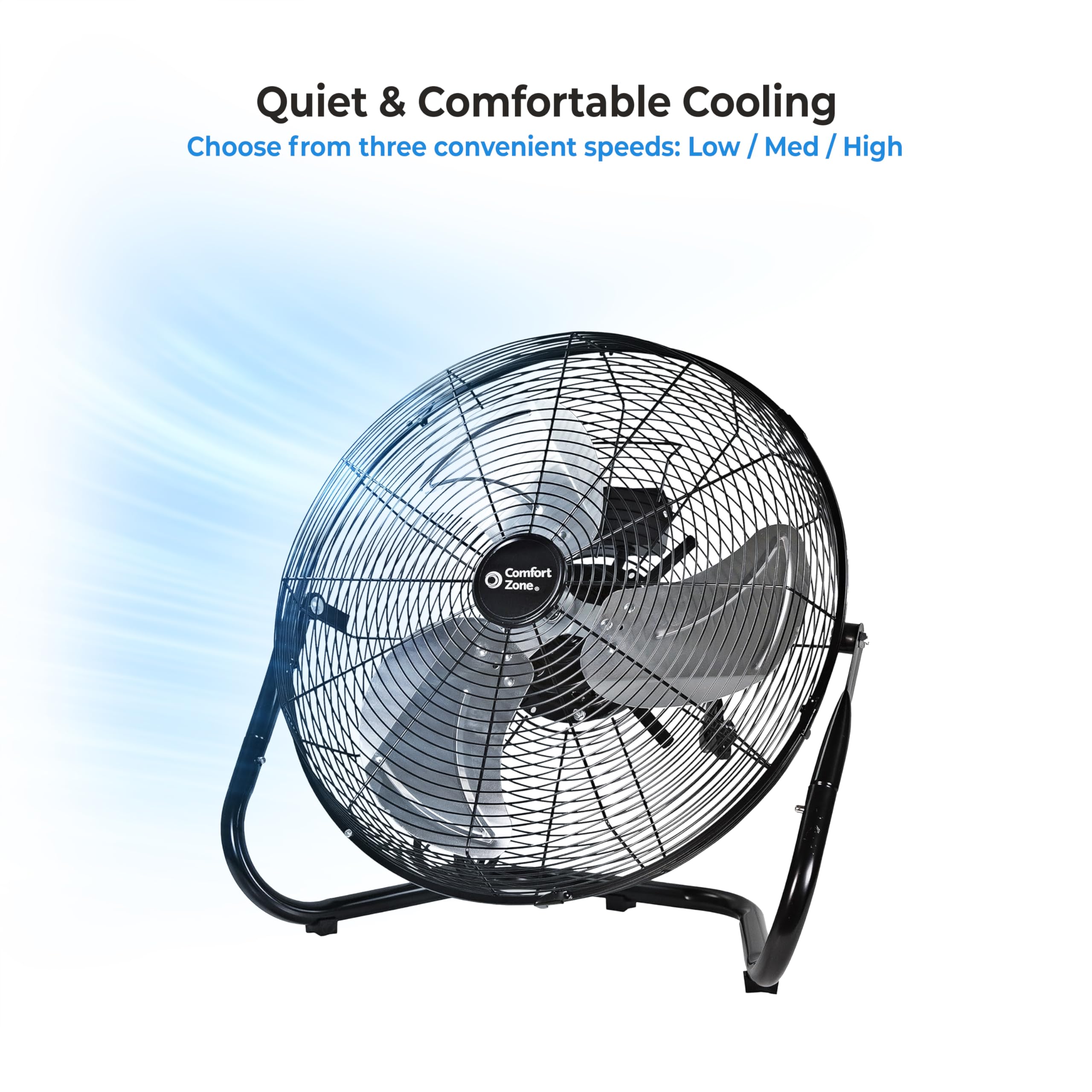 Comfort Zone 18-inch industrial fan in garage setup demonstrates versatile cooling