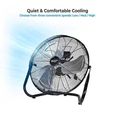 Comfort Zone 18-inch industrial fan in garage setup demonstrates versatile cooling