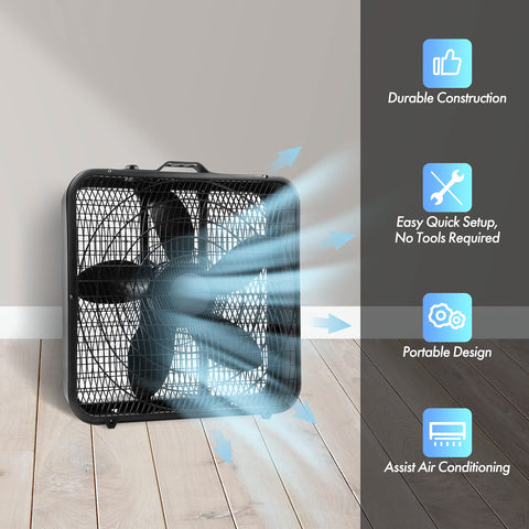 Comfort Zone 20-inch box fan, 3-speed dial for customizable cooling.