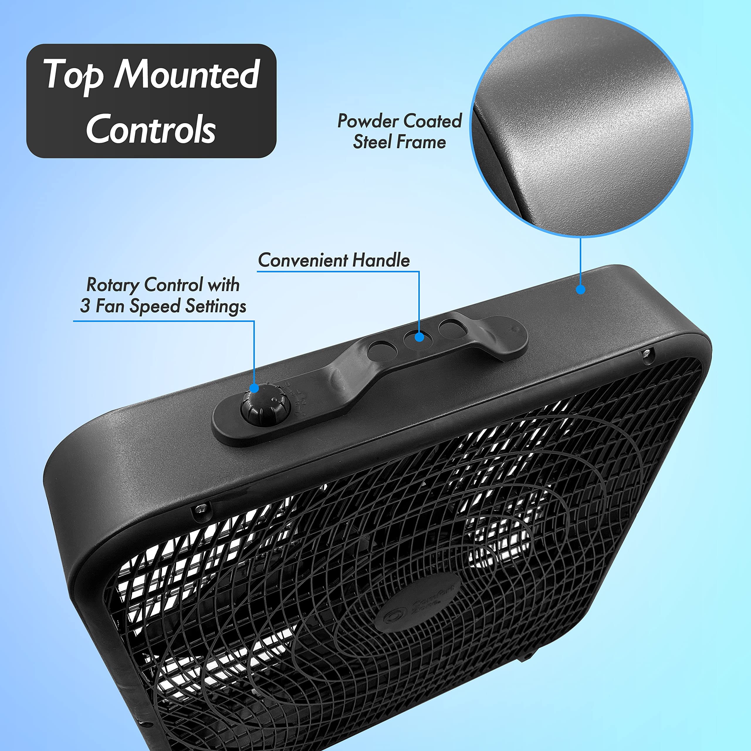 Comfort Zone 20-inch box fan delivers powerful airflow at high speed.