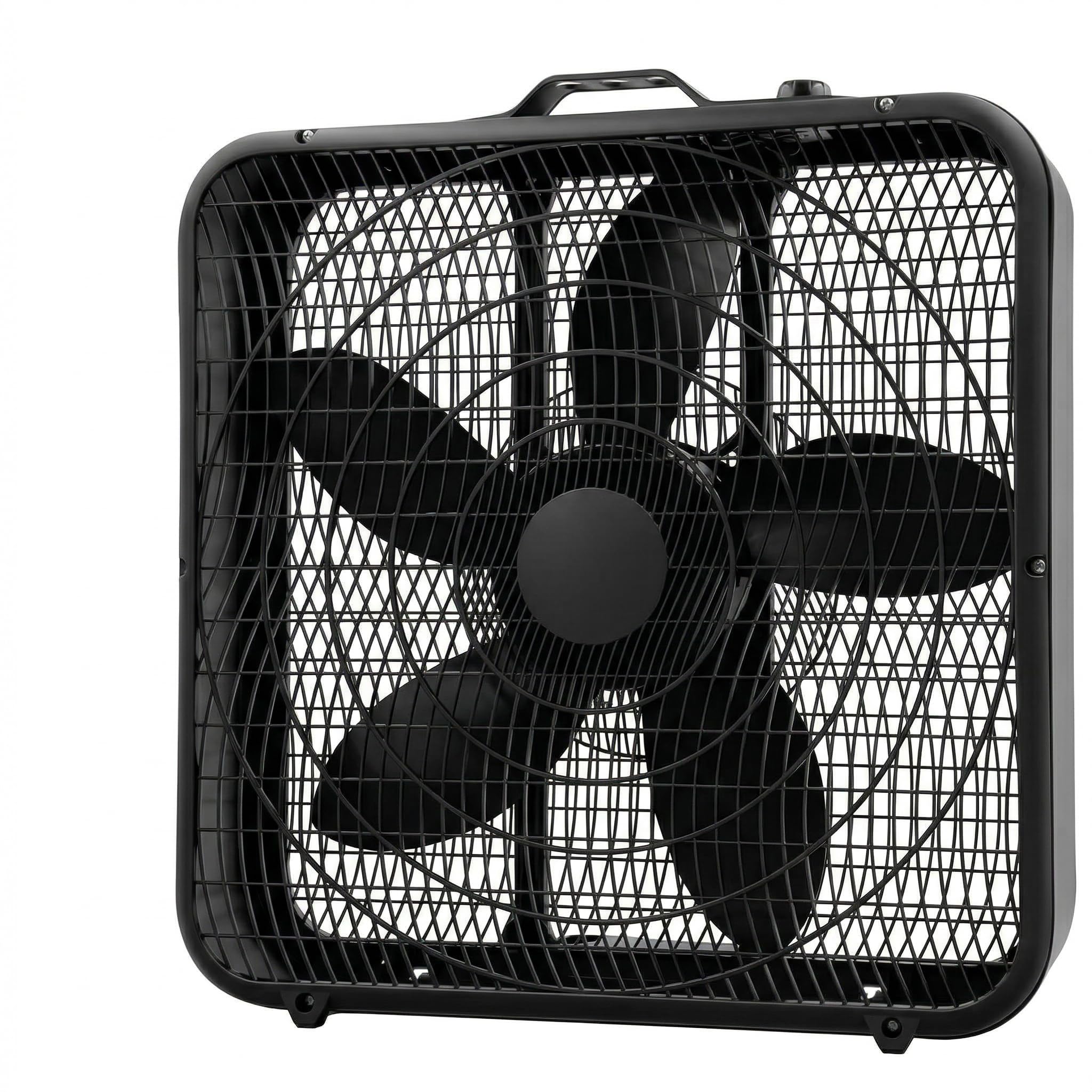 Comfort Zone 20-inch box fan front view with carry handle for easy portability.