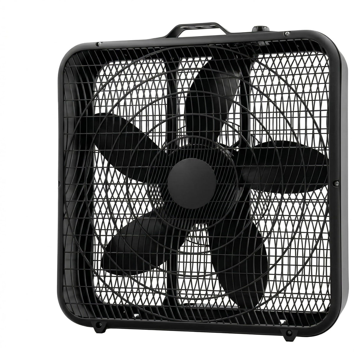 Comfort Zone 20-inch box fan front view with carry handle for easy portability.