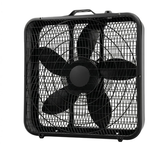 Comfort Zone 20-inch box fan front view with carry handle for easy portability.