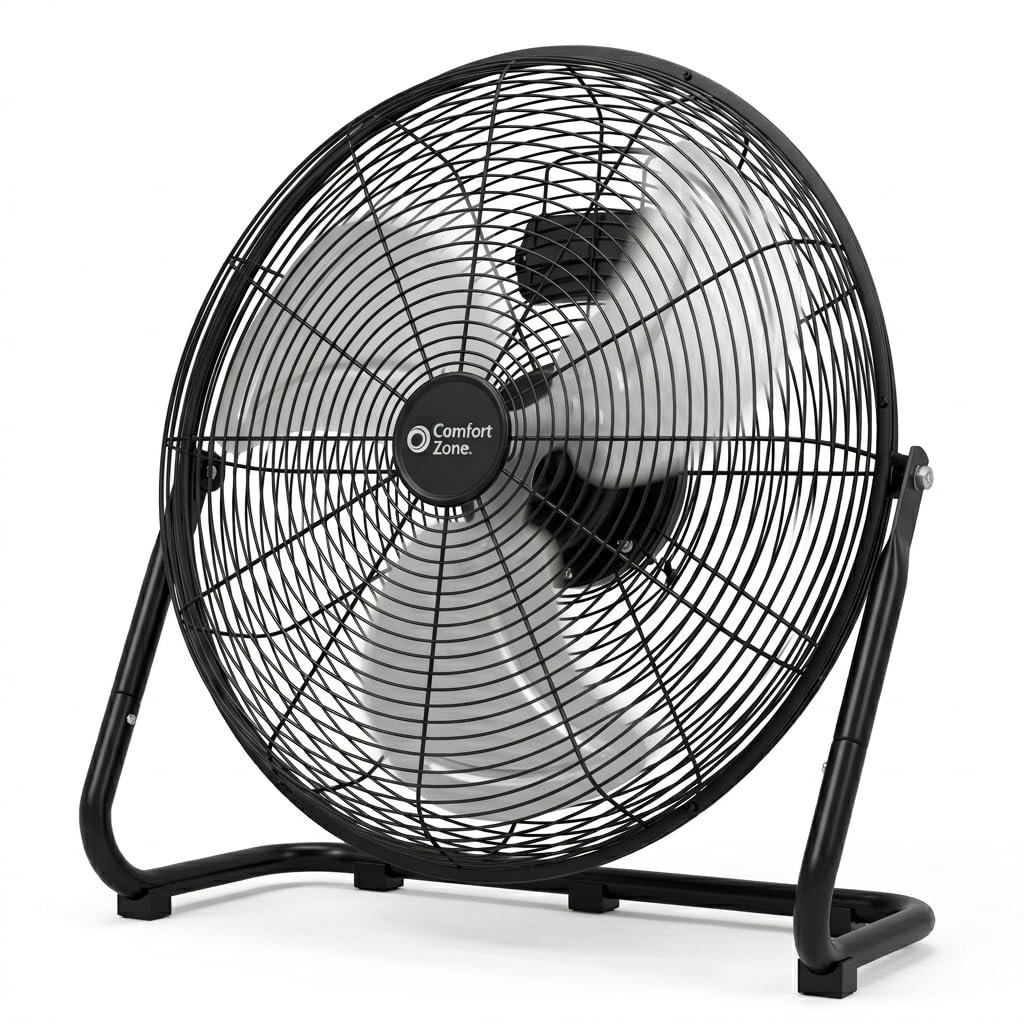 Comfort Zone 20-inch high-velocity fan front view for powerful garage cooling.