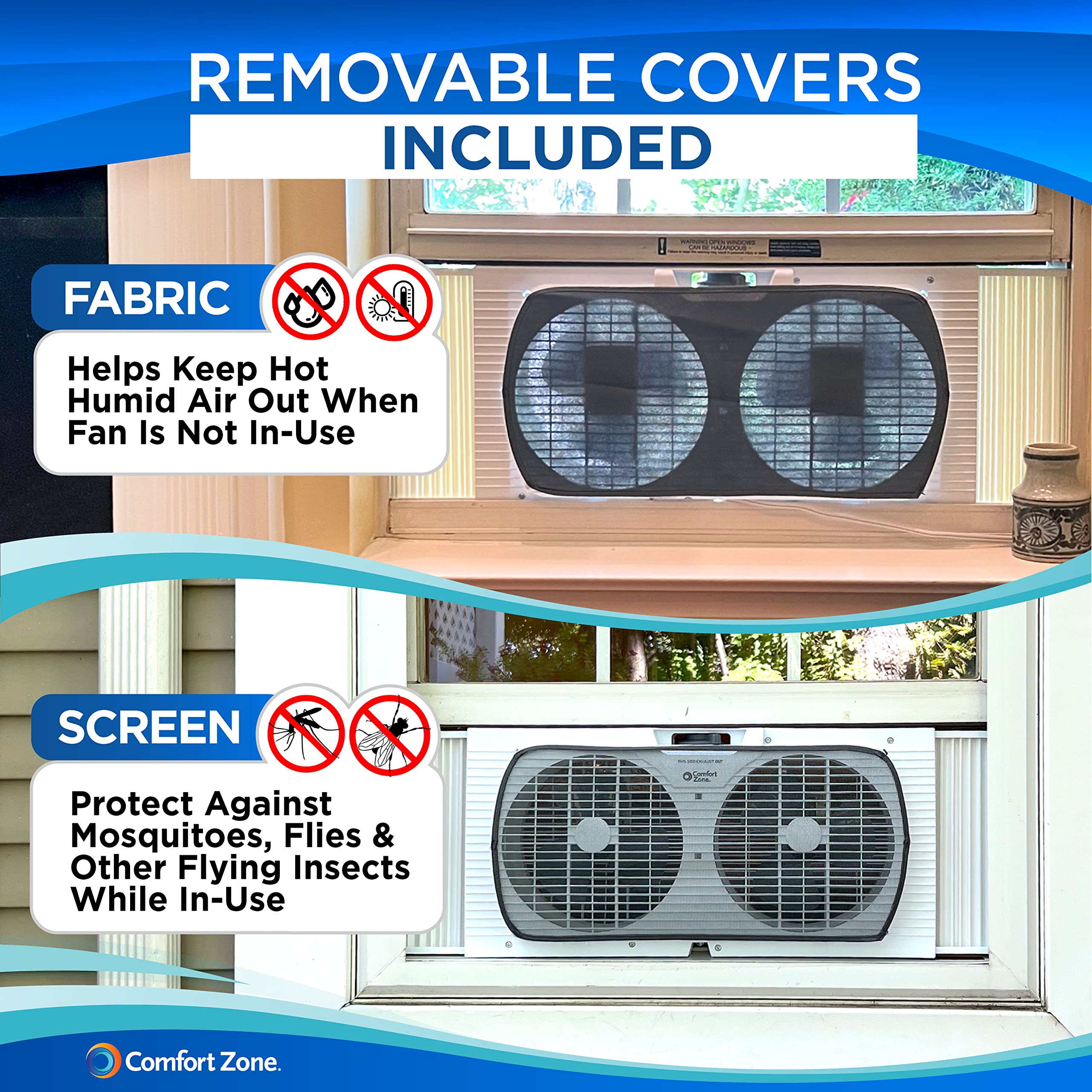 Comfort Zone 3-in-1 window fan settings for cooling, exhaust, and ambient airflow
