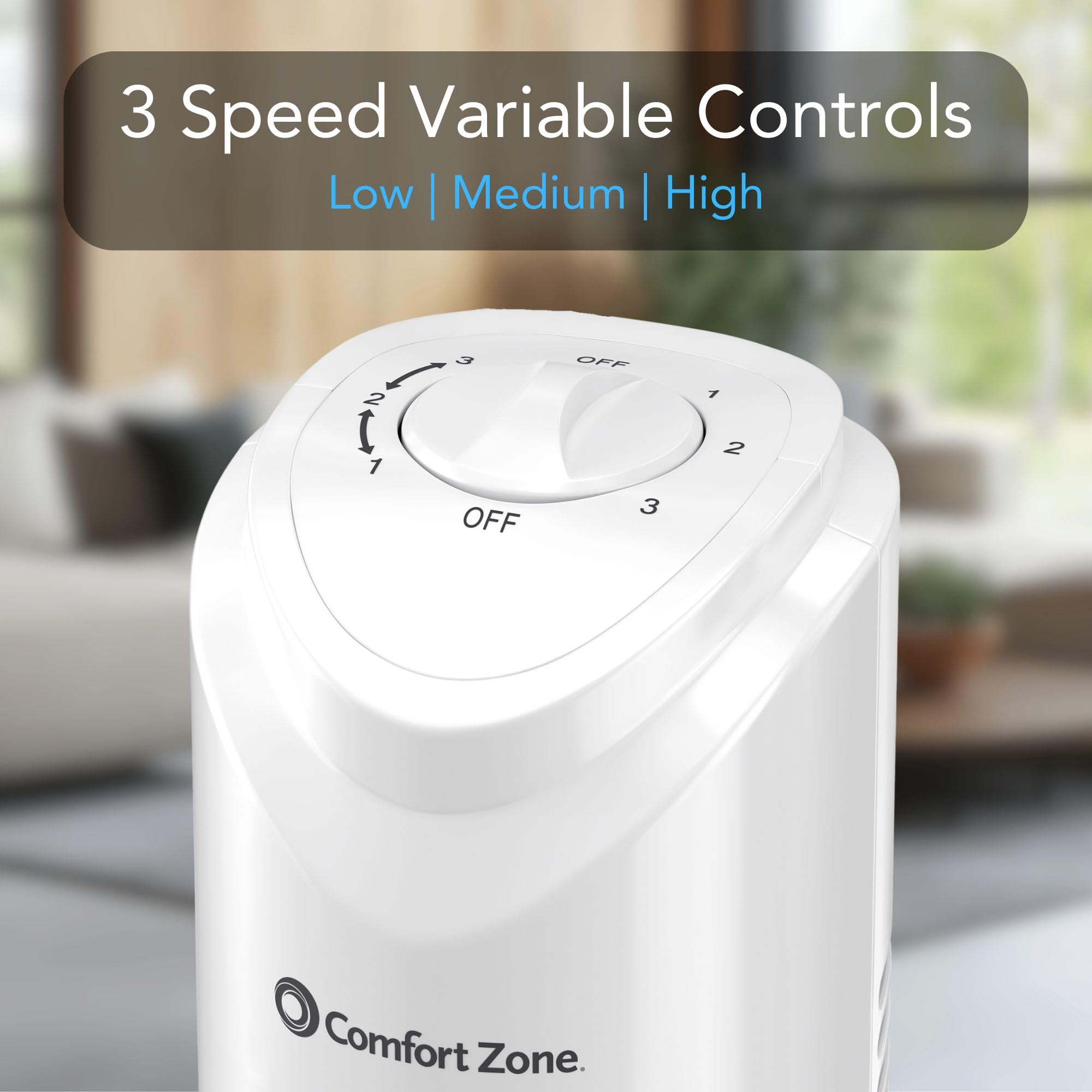 Comfort Zone 32-inch tower fan performs 90-degree oscillation for even room cooling
