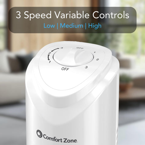 Comfort Zone 32-inch tower fan performs 90-degree oscillation for even room cooling