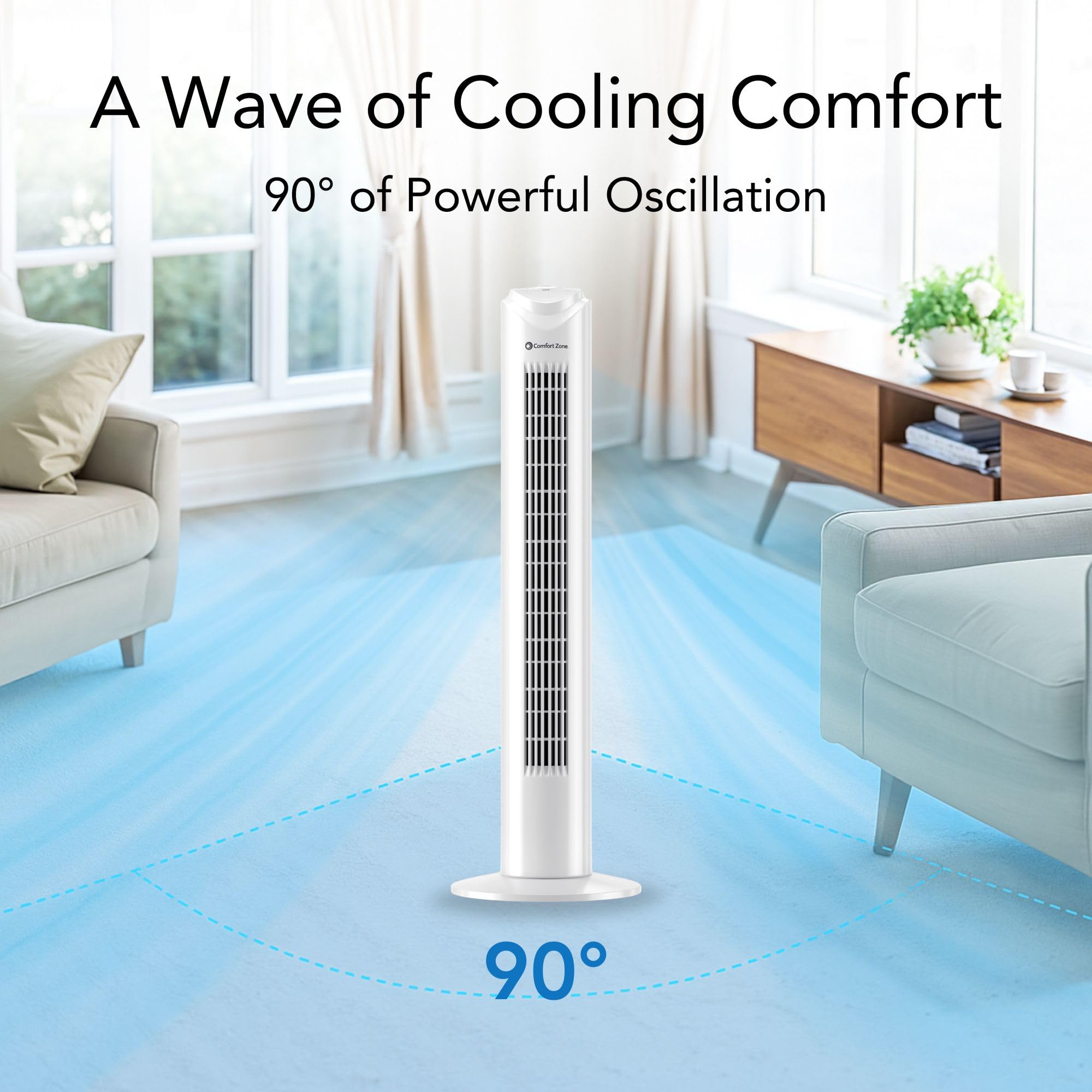 Comfort Zone 32-inch bladeless design delivering smooth airflow for safe use