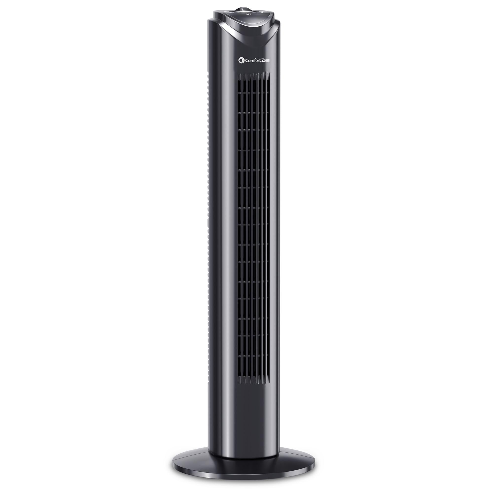 Comfort Zone 32-inch bladeless tower fan front view for small-space cooling.