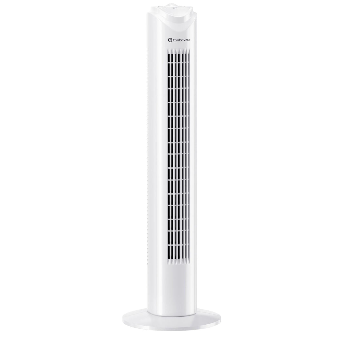 Comfort Zone 32-inch tower fan front view showing slim bladeless design for quiet cooling