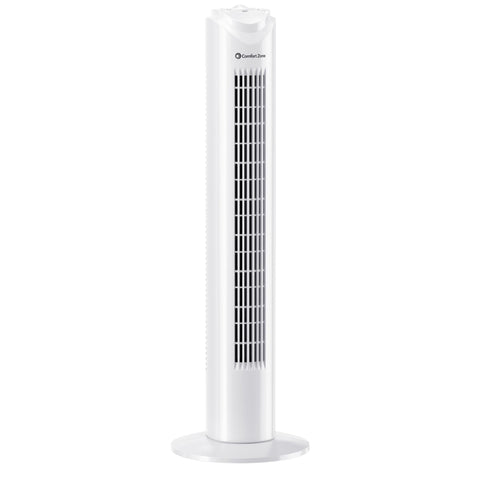 Comfort Zone 32-inch tower fan front view showing slim bladeless design for quiet cooling