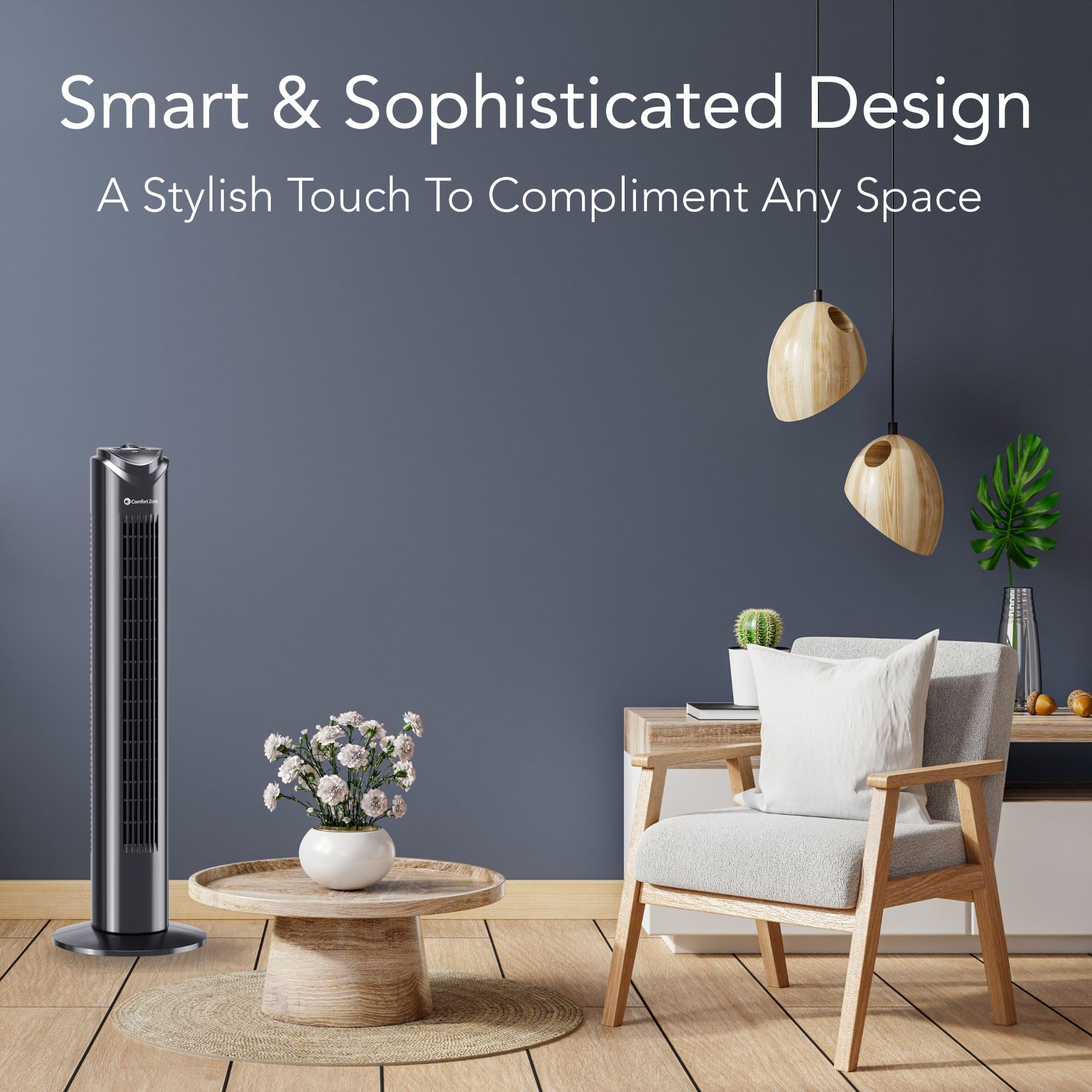 Comfort Zone 32-inch tower fan side view shows slim, safe airflow design.