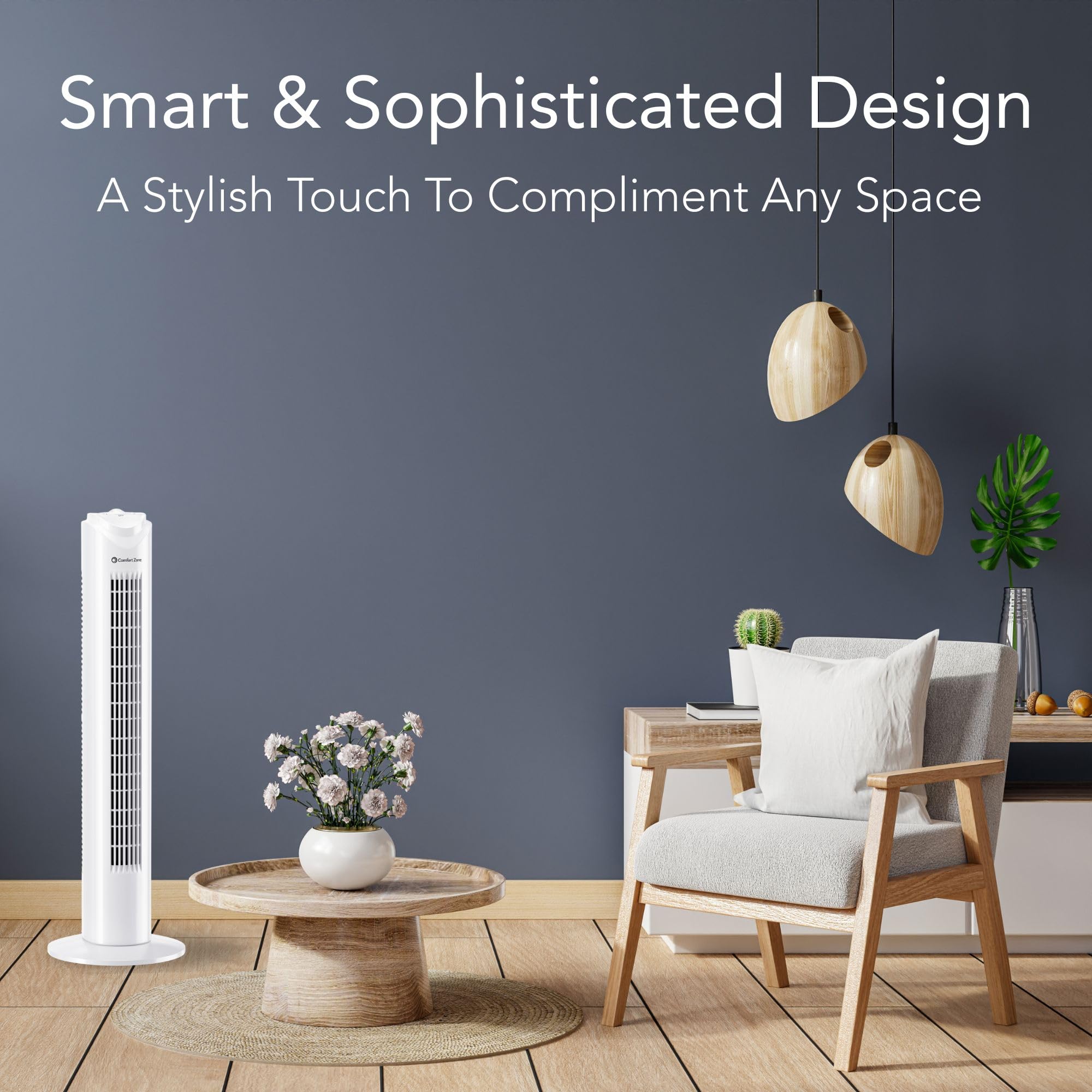 Comfort Zone 32-inch tower fan side view highlighting compact footprint in small spaces