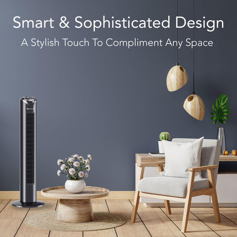 Comfort Zone 32-inch tower fan side view shows slim, safe airflow design.