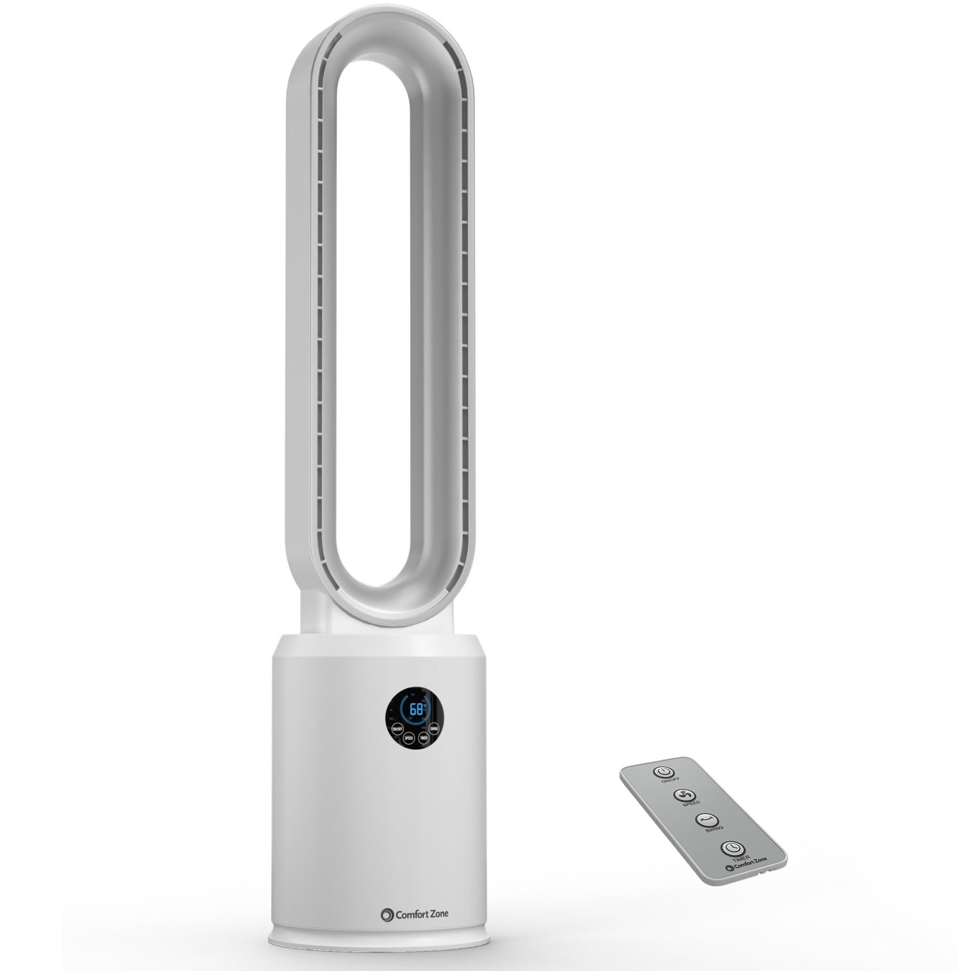 Comfort Zone bladeless tower fan front view delivers steady, quiet cooling for bedrooms.