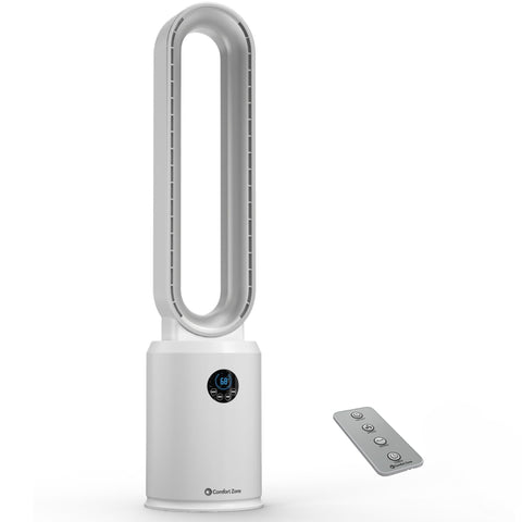 Comfort Zone bladeless tower fan front view delivers steady, quiet cooling for bedrooms.